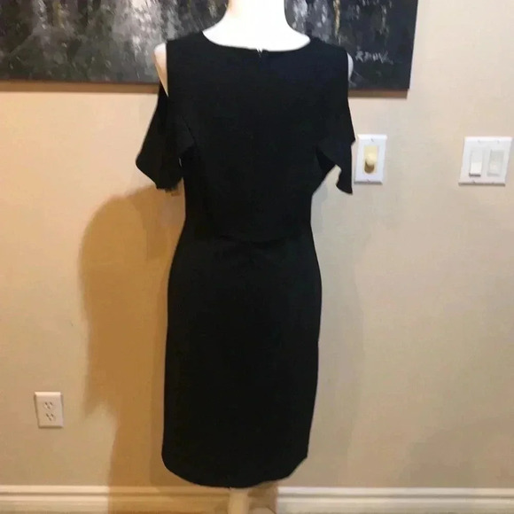 NWT Nina Leonard Black Ruffled Cold Shoulder Dress  w/Back Slit Pleated Front-M - Picture 5 of 10